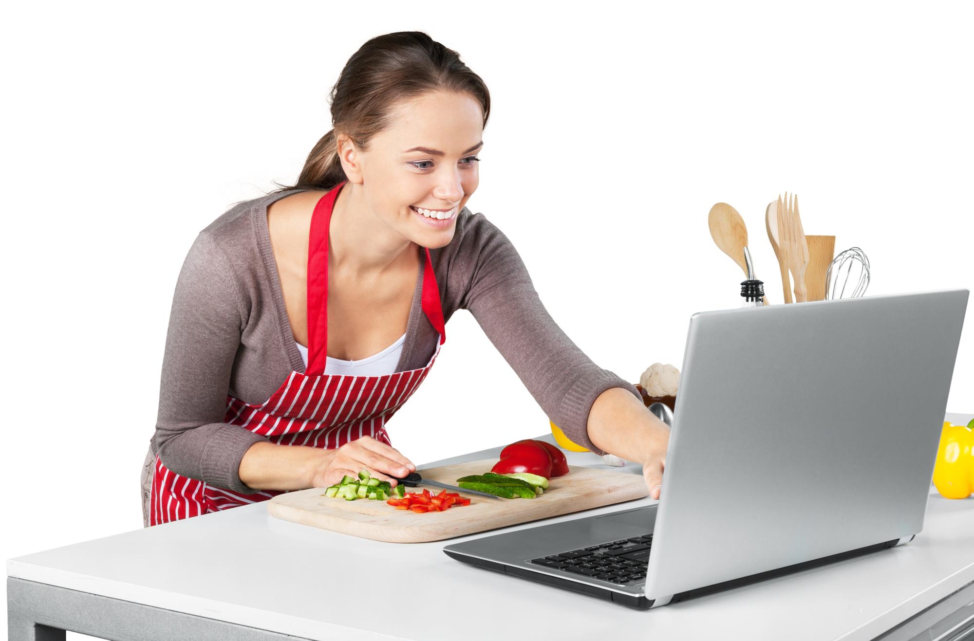 Student following chef on laptop